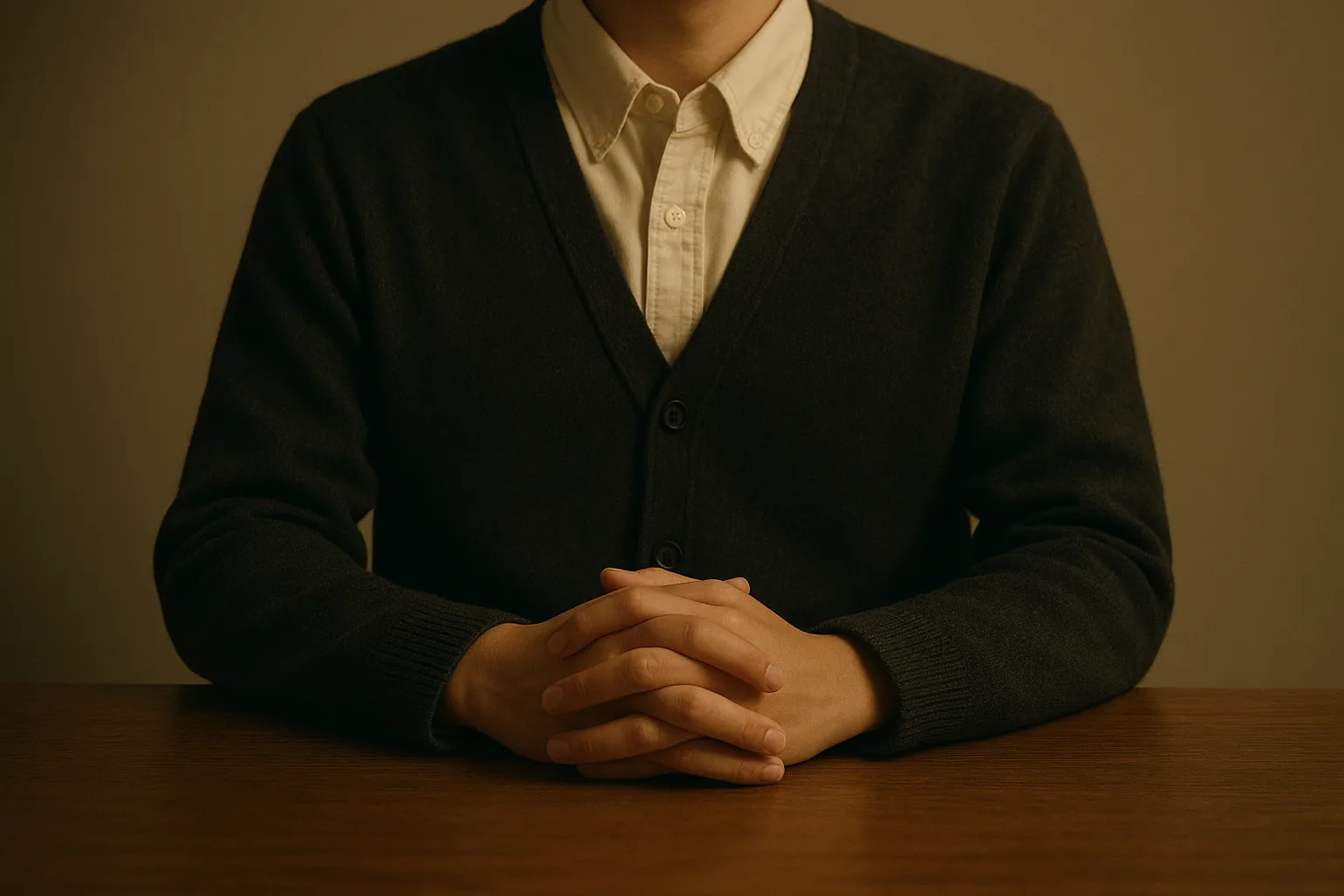椅子に座った講師の胴から下のようす。膝の上で手を組んでおり、顔は写っていない。傍らの机に問題集が置かれている。
